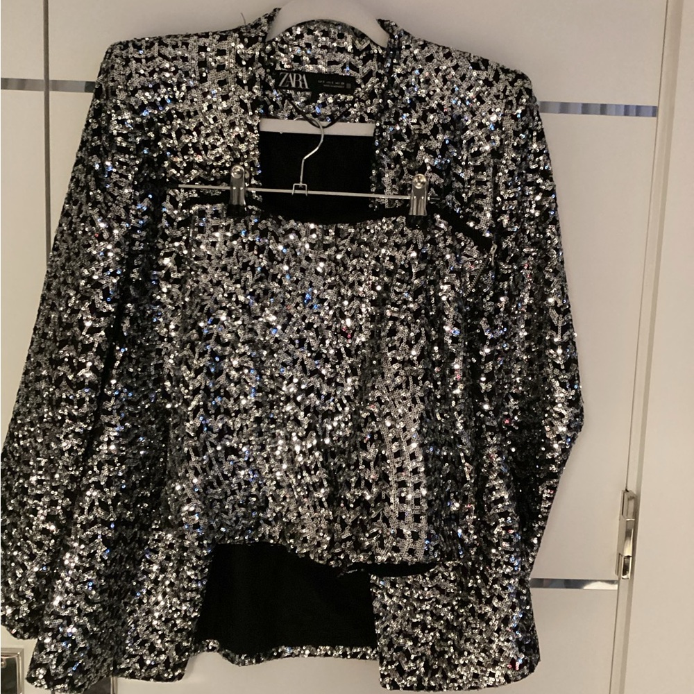 Zara Black and Silver Sequin Blazer with Matching Top
